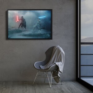 May include: Framed canvas art featuring a Star Wars scene with two figures wielding lightsabers. One figure holds a red lightsaber, the other a blue one. The artwork is set against a stormy, water-filled backdrop, framed in black.