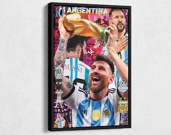 May include: A colorful collage featuring Lionel Messi holding a gold trophy, wearing a blue and white soccer jersey with the number 10 and the words "MESSI" and "ARGENTINA".