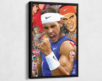May include: A colorful collage featuring a tennis player in a blue tank top and white headband, with a fist raised in the air. The image includes other tennis players and a signature.