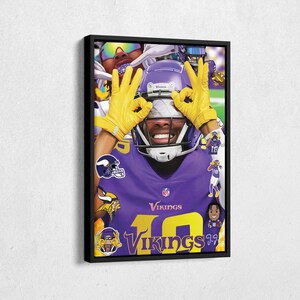 May include: A collage of images featuring a Minnesota Vikings football player wearing a purple jersey with the number 10. The player is making the 'OK' sign with both hands. The collage also includes other Vikings logos and images.