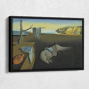 May include: A surrealist painting depicting melting clocks, a tree with a broken branch, and a rocky landscape. The painting is in a black frame.