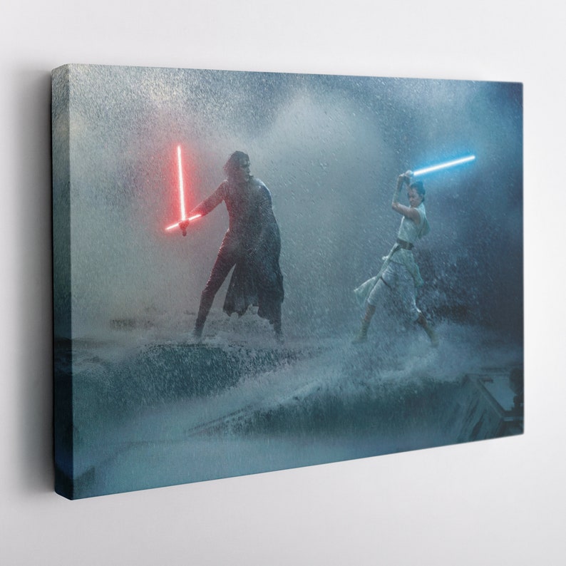May include: Canvas art print featuring a dramatic scene from Star Wars. Two figures, one with a red lightsaber and the other with a blue lightsaber, are engaged in a battle amidst a watery environment. The artwork is set against a dark, stormy backdrop.