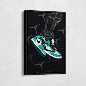 Air Jordan 1 Mid Aqua Artwork Canvas Wall Art Print Home Decor Framed Poster