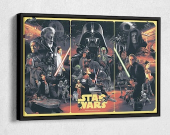 May include: A colourful illustration of characters from the Star Wars franchise, including Darth Vader, Luke Skywalker, Princess Leia, Han Solo, Chewbacca, Yoda, and R2-D2. The illustration is set against a backdrop of starships and planets. The text "Star Wars" is prominently displayed in the centre of the image.
