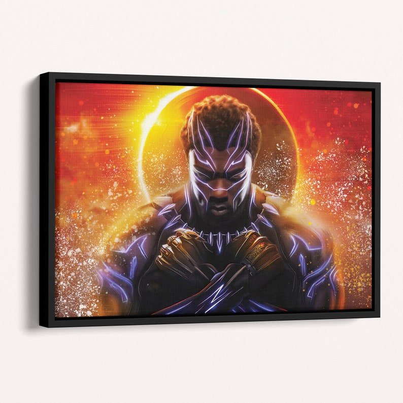 May include: A digital art print of Black Panther, a superhero from Marvel Comics, with a purple and black costume, standing with his arms crossed in front of a yellow and orange background with a halo behind him.