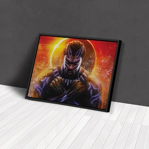 May include: A digital art print of a superhero wearing a black suit with purple accents, standing against a background of orange and yellow with a black ring in the center.