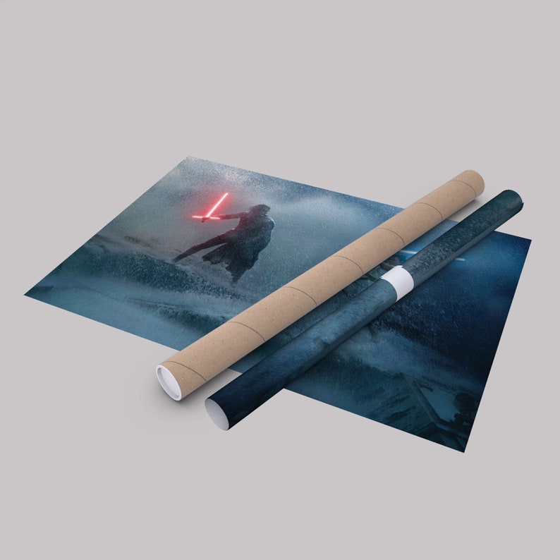 May include: A poster print featuring a character with a red lightsaber in a stormy scene. Two rolled posters are next to the print, one in a brown tube and the other in a dark blue tube. The artwork has a cinematic feel.