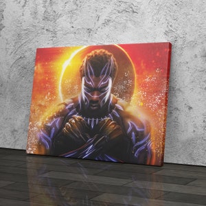 May include: A digital art print featuring a black superhero with a purple and blue design, standing against a red and yellow background with a glowing ring.