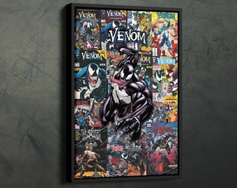 Puede incluir: Un collage enmarcado de portadas de cómics con el personaje de Marvel Comics Venom. El collage está formado por varias portadas de cómics de Venom, con el personaje Venom en el centro del collage.