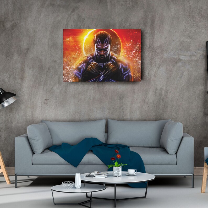 May include: A digital painting of a Black Panther character with a purple and black costume, standing with his arms crossed in front of him. The background is a fiery orange and yellow with a black circle in the center.
