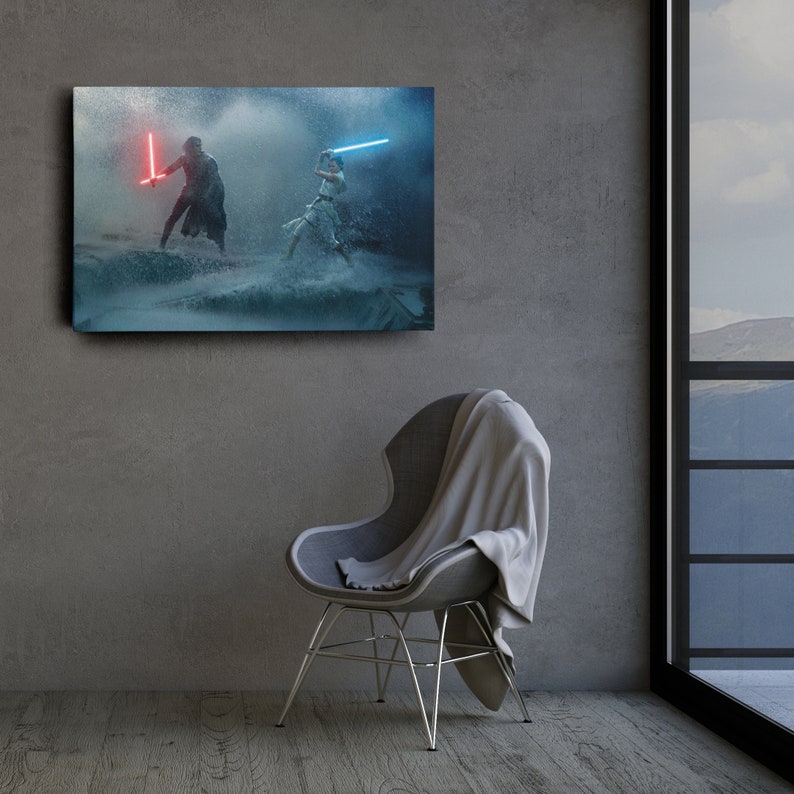 May include: A canvas print depicting a scene from a science fiction movie. Two figures are engaged in a lightsaber duel, one with a red blade and the other with a blue blade. The background is a misty, watery environment.