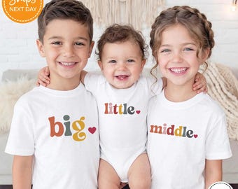 Big Middle Little Siblings Custom T-shirt,  Retro Kids Shirt, Pregnancy Reveal Family Shirts