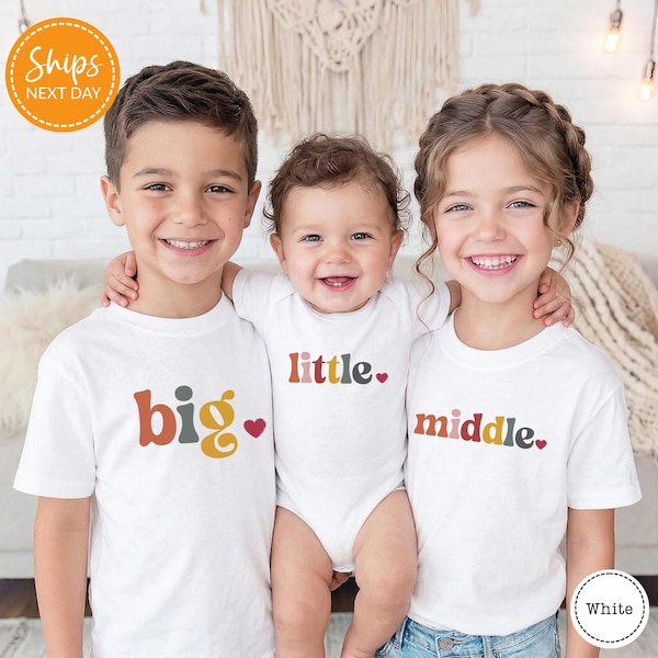 Big Middle Little Siblings Custom T-shirt,  Retro Kids Shirt, Pregnancy Reveal Family Shirts
