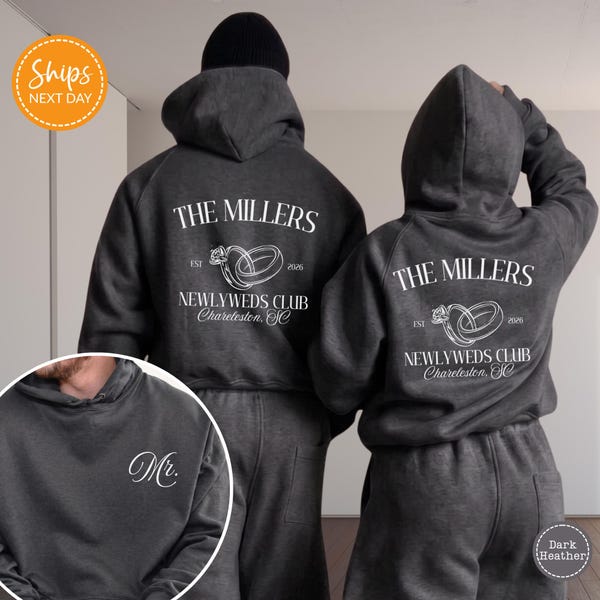 Sweat-shirt personnalisé Club des jeunes mariés, sweat à capuche Mr et Mme pour couples, sweatshirt lune de miel, cadeau de mariage personnalisé pour jeunes mariés