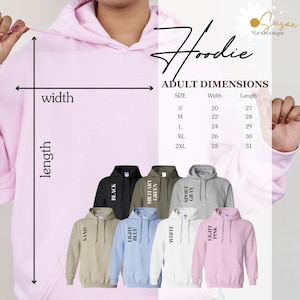 a women's hoodie with the measurements for the hoodie
