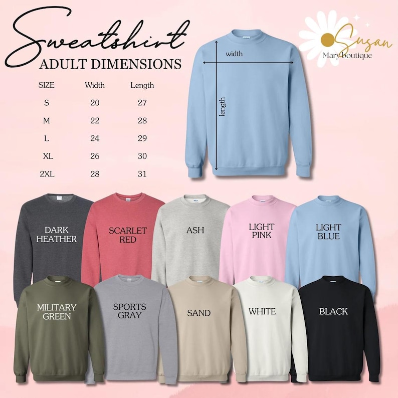 a sweatshirt with the measurements for each of the sweatshirts