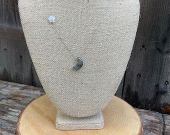 Labradorite Moon with Moonstone Star sterling Silver Chain asymmetrical necklace