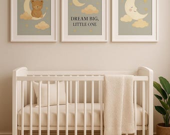 Set of 3 Nursery Wall Art Prints | Moon & Stars Baby Room Decor | Dream Big Little One Printable Artwork | Gender Neutral Nursery