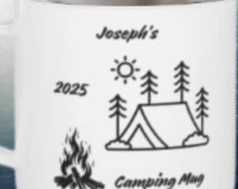 Geschenk für Mann Personalisierte Camping Emaille Tasse Minimalistisches Lagerfeuer Design