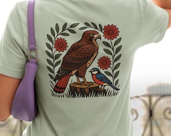 Red-Tailed Hawk T-Shirt: Linocut Style, Cottagecore Bird Tee
