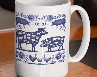 Delft Farmstead Ceramic Mug: Blue and White Farm Animals