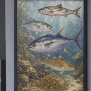 Puede incluir: Una impresión artística enmarcada que presenta una escena submarina detallada con cinco especies de peces distintas nadando cerca de un lecho marino rocoso lleno de algas. La composición incluye una lubina rayada, una caballa, un atún, un bacalao y un pez plano.