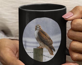 Red-Tailed Hawk Mug: Winter Bird Scene, Birdwatcher Gift, Birder Birthday Present Idea