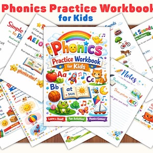 Peut inclure: Un cahier d'exercices de phonétique pour enfants avec une couverture colorée illustrée d'un arc-en-ciel, d'une fusée, d'un chat, d'une grenouille et d'une pomme. Il est entouré de plusieurs pages d'activités montrant des lettres et des dessins.