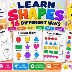 Könnte beinhalten: Ein Set aus Lernarbeitsblättern mit dem Titel Learn Shapes 16 Different Ways, das bunte Grafiken von Kreisen, Quadraten, Dreiecken, Rechtecken, Sternen, Herzen, Ovalen, Sechsecken und Rauten zeigt. Die Seiten enthalten Aktivitäten zum Nachzeichnen, Zuordnen, Zählen, Zeichnen und Ausmalen.