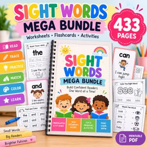 Può includere: Un quaderno di esercizi Sight Words Mega Bundle con rilegatura a spirale contenente 433 pagine di schede, flashcard e attività. La copertina mostra testo colorato, un sole, un arcobaleno e tre bambini che leggono libri, circondato da altri fogli.
