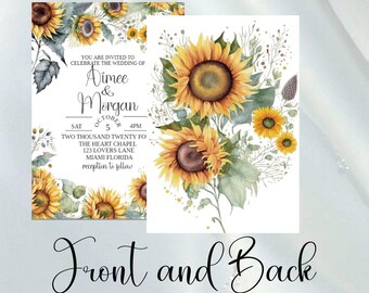 Plantilla de invitación de boda de girasol Aimee, editable, invitación floral, bricolaje, imprimible, descarga instantánea