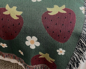 Cottagecore Lovers Gift: Cute Strawberry Blanket, Friends Gift For Her, Strawberry Decorative Bed Throw, Cottagecore Bedroom Decor