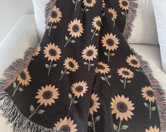 Dekorativ höstfilt med blommotiv: Rustik bondgårdsfilt, vävd höstfilt, solrospresent till henne, mamma, mormor, mysig solrosdekoration