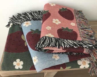Erdbeer Cottagecore Decke Geschenk für Sie: Sommer Picknickdecke aus Baumwolle, Erdbeer Liebhaber Mutter Geschenk, Cottage Dekorieren