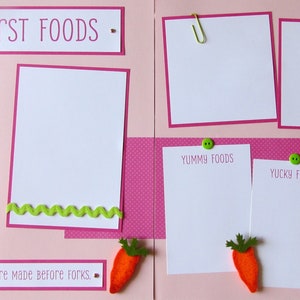 MY FIRST FOODS 12x12 Scrapbook Pages Premade BaBy GiRL or BoY Layout Baby's Firsts, Funny Baby Eating Photos Messy Face Pink or Blue image 1