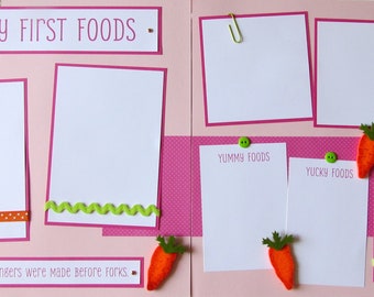 MY FIRST FOODS 12x12 Scrapbook Pages - Premade BaBy GiRL or BoY Layout - Baby's Firsts, Funny Baby Eating Photos - Messy Face - Pink or Blue