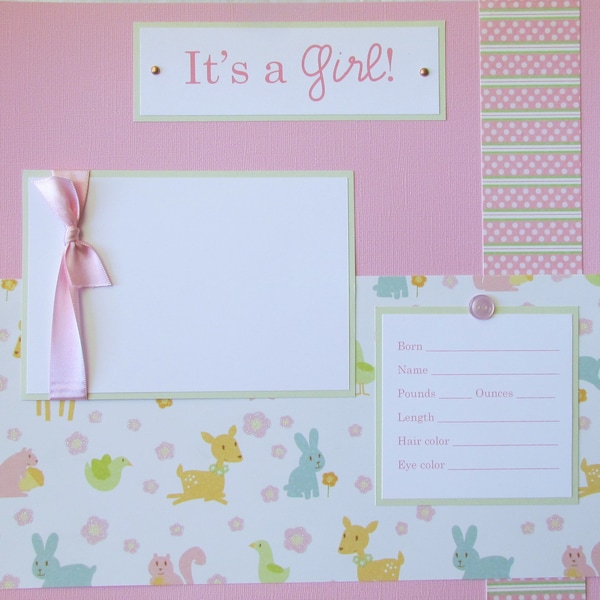 12x12 Premade Scrapbook Layout Page -baby girl or BOY - IT'S A GIRL - perfect first page for baby album, first photo, newborn, keepsake