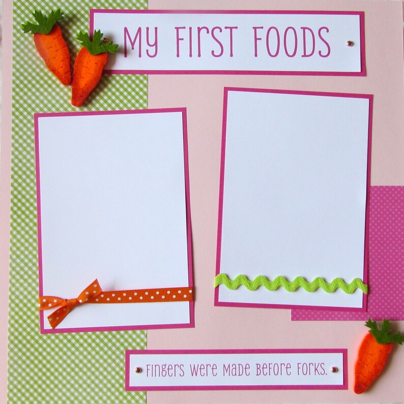 MY FIRST FOODS 12x12 Scrapbook Pages Premade BaBy GiRL or BoY Layout Baby's Firsts, Funny Baby Eating Photos Messy Face Pink or Blue image 2