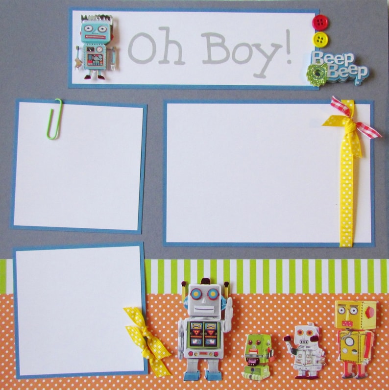 boy handmade scrapbook layout OH BOY 12x12 Premade Scrapbook Pages RoBoTS