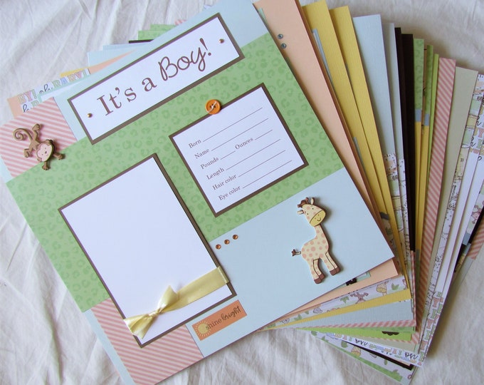 BABY BOY First Year Album 20 12x12 Premade Scrapbook Pages Safari Animals Baby Memory Book