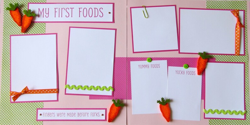 MY FIRST FOODS 12x12 Scrapbook Pages Premade BaBy GiRL or BoY Layout Baby's Firsts, Funny Baby Eating Photos Messy Face Pink or Blue image 1