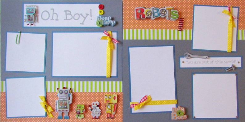 boy handmade scrapbook layout OH BOY 12x12 Premade Scrapbook Pages RoBoTS