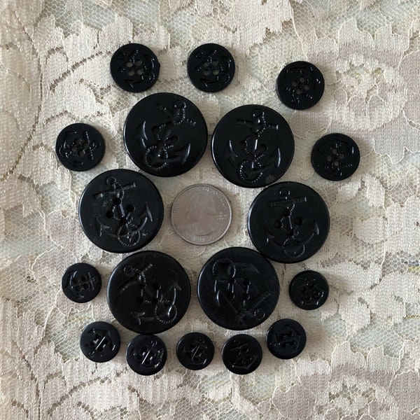 Vintage Navy Pea Coat Button Assortment - Set of 18 - Navy Blue Plastic Peacoat Buttons with Anchor Navy Emblem in Various Sizes