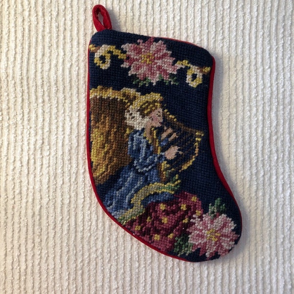 Vintage Needlepoint Christmas Stocking with Angel and Roses - Beautiful Red Velvet Backing - 9 Inches Tall