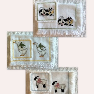 Vintage Cross Stitched Placemats with Matching Coasters - Your Choice of Cow, Goose, Lamb or Entire Set - Farmhouse, Kitchen, Nursery Decor