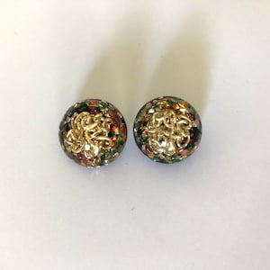 Vintage Buttons - Unique Gold with Colorful Glittery Accents Inset in a Domed Clear Acrylic Base with Black Backings and Shanks - Set of 2
