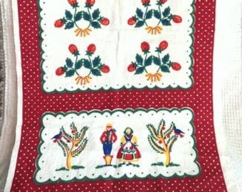 Vintage Linen Kitchen Towel – Red Strawberries, Scandinavian Folk Art