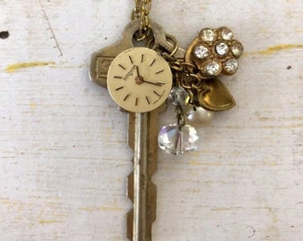 Vintage Gold Brass Key Charm Necklace with Lovely Cluster of Charms, Old Watch Face, Vintage Buttons with Gold Chain - Nice Gift Idea