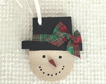Vintage Hand Painted Wooden Snowman Ornament - Christmas Decor