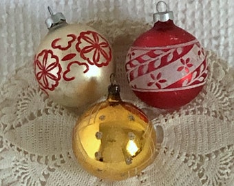 Vintage Glass Christmas Ornaments - Set of 3 - Glass Ornaments with Stenciled Glitter Designs - From the 1940s